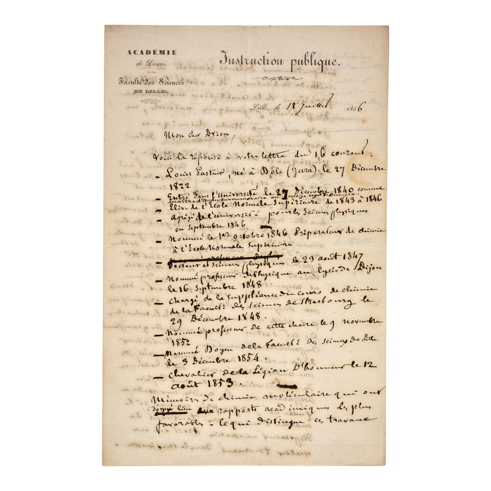 A remarkable early manuscript. PASTEUR, LOUIS (1822-1895) Autograph Letter Signed ('L. Pasteur')...: A remarkable early manuscript. PASTEUR, LOUIS (1822-1895) Autograph Letter Signed ('L. Pasteur'), in French, providing an autobiographical curriculum vitae and summarizing his groundbreaking work on