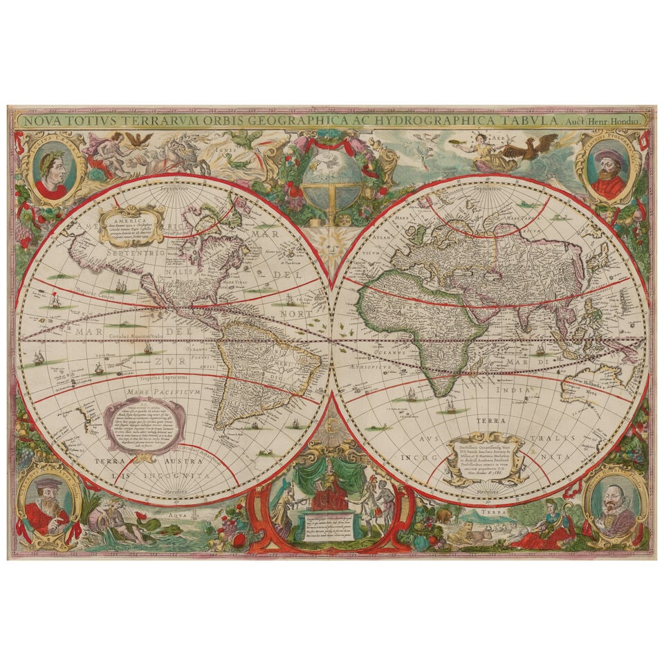 California as an island. HONDIUS, Henricus. (1597-1651). Nova Totius Terrarum Orbis Geographica ... - 2