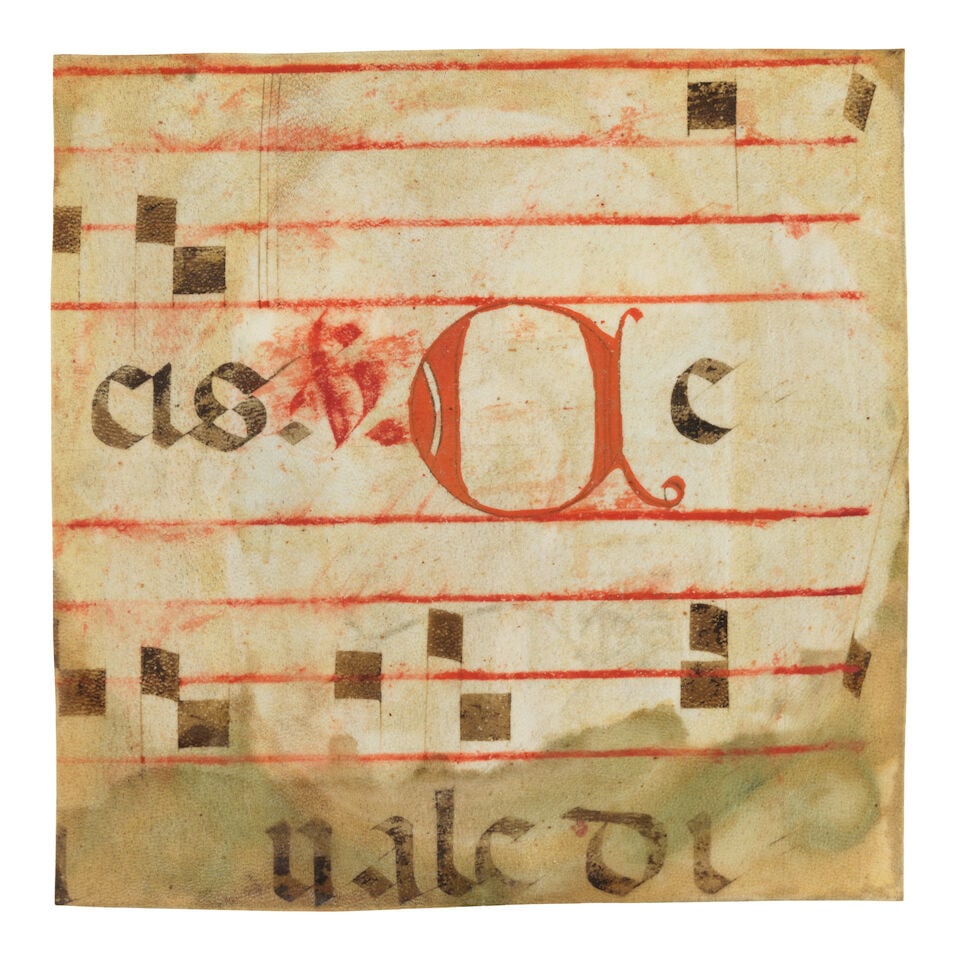 Two illuminated initials cut from a large-format choirbook. Illuminated manuscripts on vellum, b... - 2