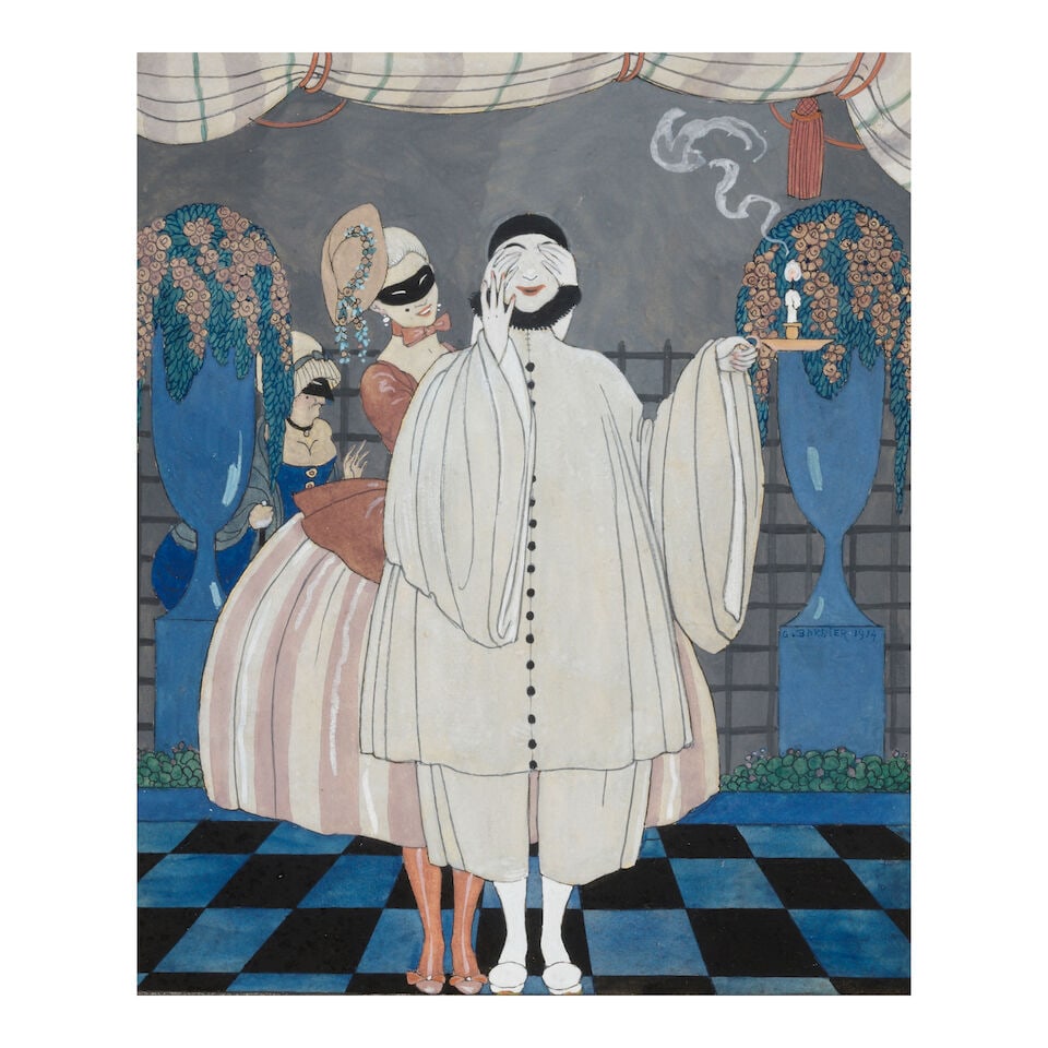 A fabulous watercolor by Barbier. BARBIER, GEORGES. 1882-1932. Pierrot and Columbine [Pierrot et...: A fabulous watercolor by Barbier. BARBIER, GEORGES. 1882-1932. Pierrot and Columbine [Pierrot et Colombine] [Paris], 1914. (280 x 249 mm). Original gouache and watercolor on paper, signed 'G.