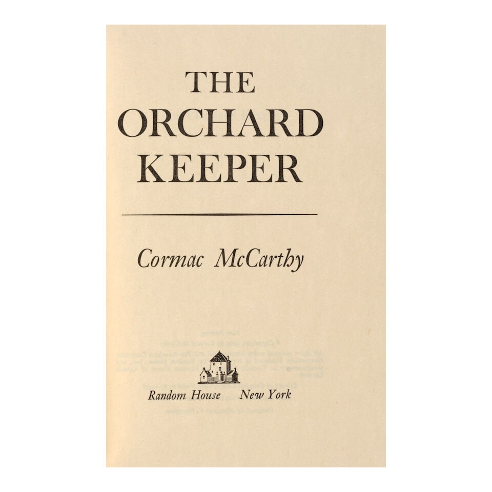 MCCARTHY, CORMAC. 1933-2023. The Orchard Keeper. New York: Random House, 1965.: MCCARTHY, CORMAC. 1933-2023. The Orchard Keeper. New York: Random House, 1965. 8vo. Publisher's green cloth-backed mauve paper boards, spine stamped in red and gilt, lettered in gilt, top edge