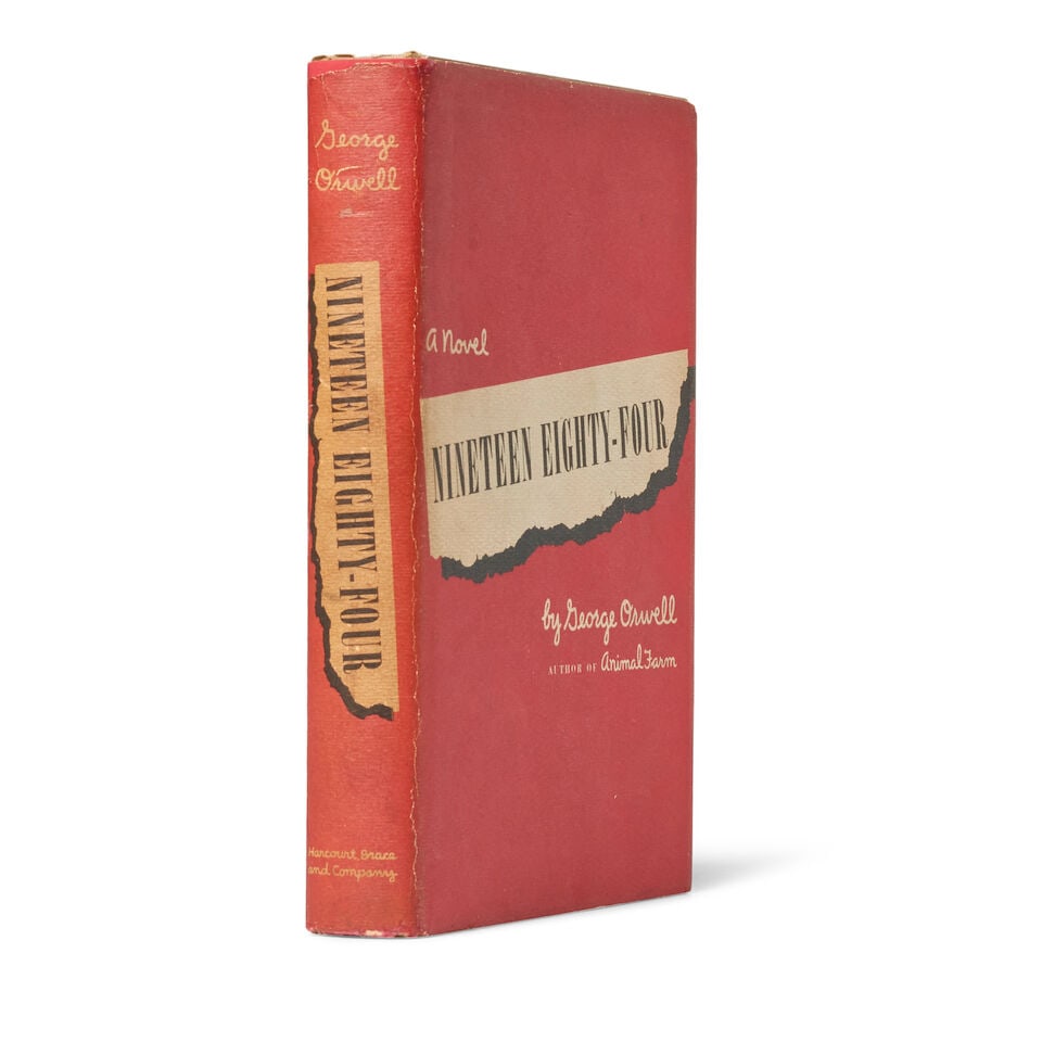 ORWELL, GEORGE. 1903-1950. Nineteen Eighty-Four. New York: Harcourt, Brace and Company, [1949].: ORWELL, GEORGE. 1903-1950. Nineteen Eighty-Four. New York: Harcourt, Brace and Company, [1949]. 8vo. Publisher's beige cloth stamped in blacked and red, publisher's red printed dust jacket. Cloth a