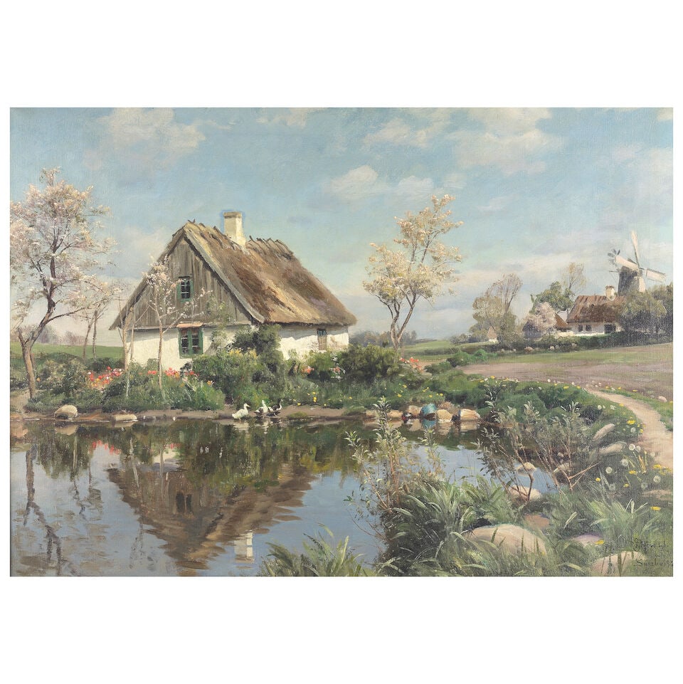 Peder Mørk Mønsted (Danish, 1859-1941) Cottage by a pond (1 of 3)