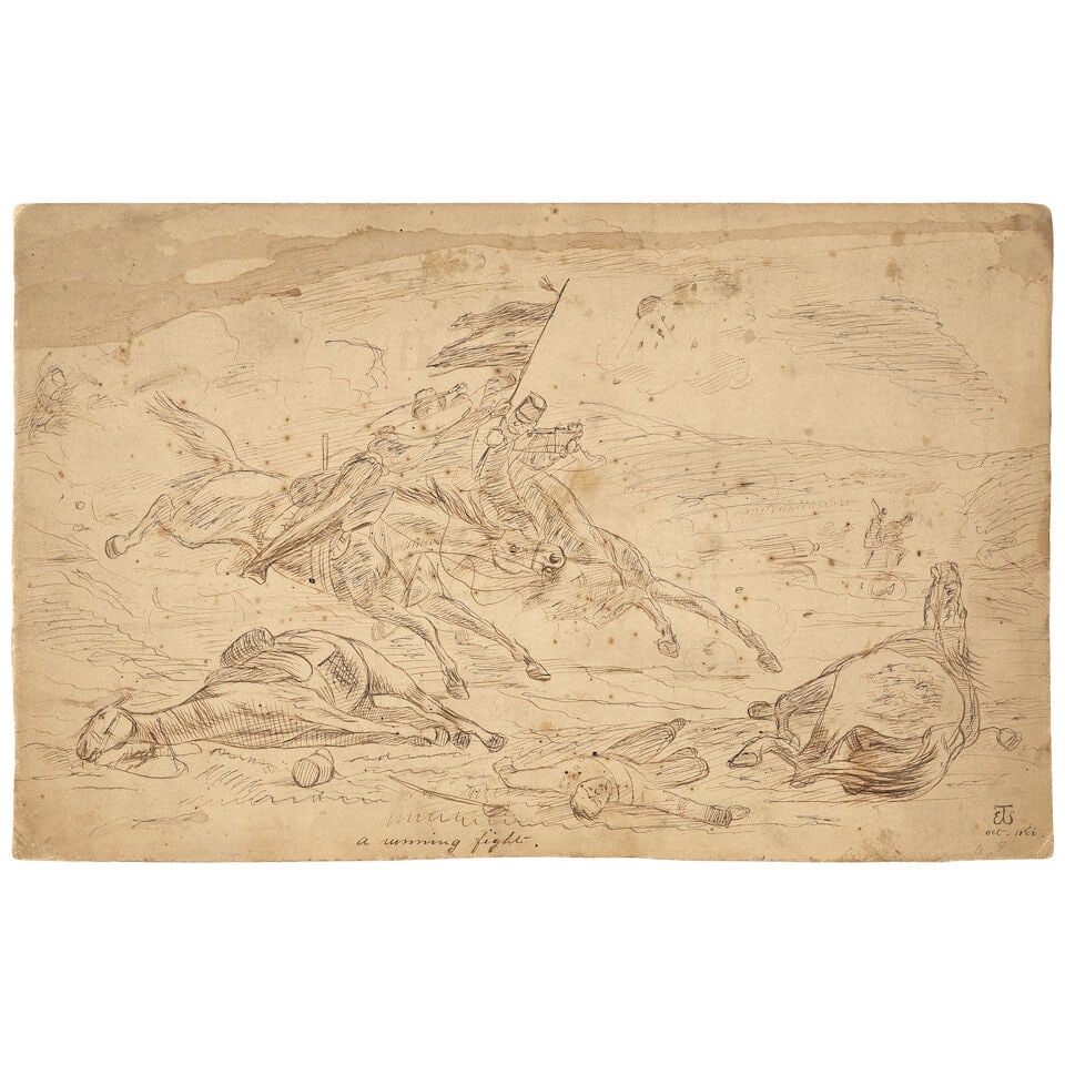 Lady Elizabeth Butler (British, 1846-1933) A running fight unframed: Lady Elizabeth Butler (British, 1846-1933) A running fight signed with monogram and dated 'oct.1866' (lower right), inscribed 'a running fight' (lower centre) ink and pencil 17.5 x 27.7cm (6 7/8 x 10 