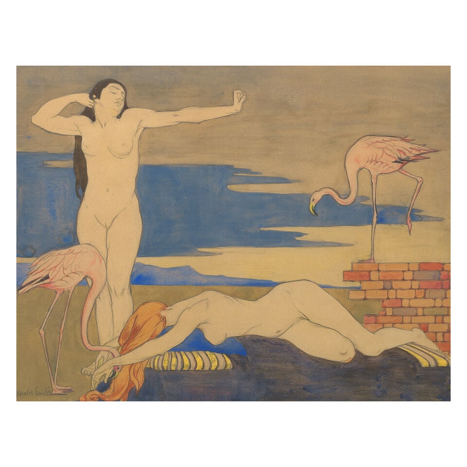 Rosalie Emslie (British, 1891-1977) Female nudes and flamingos: Rosalie Emslie (British, 1891-1977) Female nudes and flamingos signed 'Rosalie Emslie' (lower left) watercolour and pencil 35 x 45cm (13 3/4 x 17 11/16in). Footnotes: Provenance Anon. sale, Dominic Wi