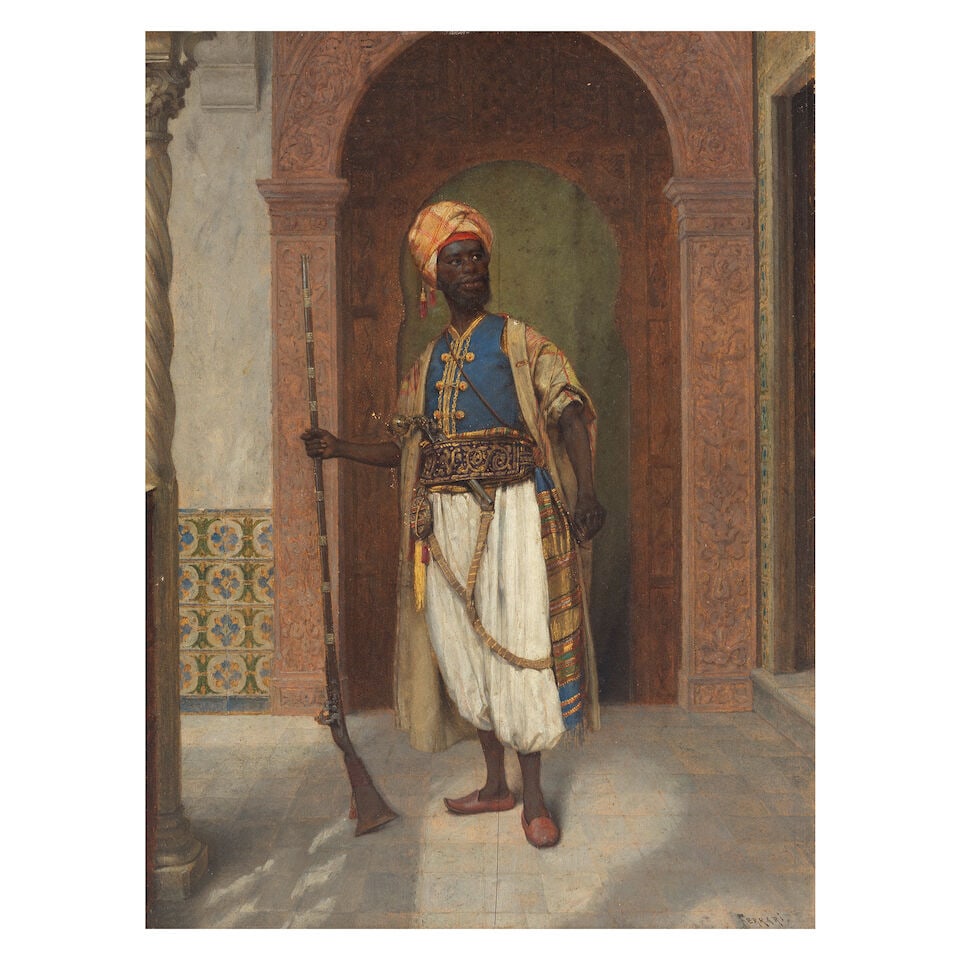 Arthur von Ferraris (Hungarian, 1856-1936) A North African guard: Arthur von Ferraris (Hungarian, 1856-1936) A North African guard indistinctly signed and dated 'Ferrari../1886' (lower right) oil on panel 35.5 x 27.5cm (14 x 10 13/16in). Footnotes: Provenance Anon. 