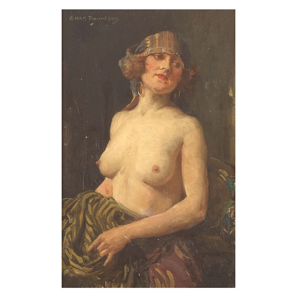 Allan Douglas Davidson (British, 1873-1932) Odalisque: Allan Douglas Davidson (British, 1873-1932)Odalisque signed 'Allan Davidson' (upper left) oil on board 33 x 22cm (13 x 8 11/16in). For further information on this lot please visit Bonhams.com For furt