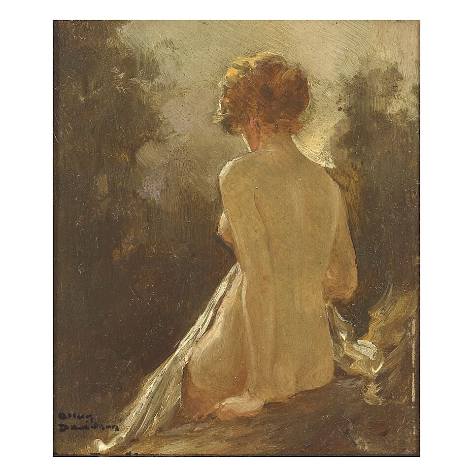 Allan Douglas Davidson (British, 1873-1932) Seated nude: Allan Douglas Davidson (British, 1873-1932) Seated nude signed 'Allan/Davidson' (lower left) oil on board 14 x 11.5cm (5 1/2 x 4 1/2in). For further information on this lot please visit Bonhams.com Fo