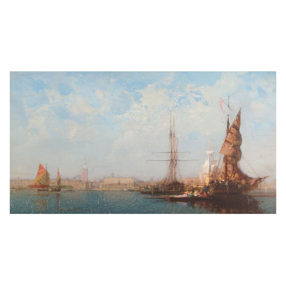 Henri Duvieux (French, 1855-1920) Boats in a Venetian lagoon, with Piazzetta di San Marco in the... (1 of 3)