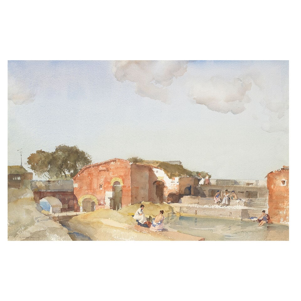 Sir William Russell Flint, RA, PRWS (British, 1880-1969) The converted fortress: Sir William Russell Flint, RA, PRWS (British, 1880-1969) The converted fortress signed 'W. RUSSELL FLINT' (lower left) watercolour 37.5 x 56cm (14 3/4 x 22 1/16in). Footnotes: Provenance With Richard 