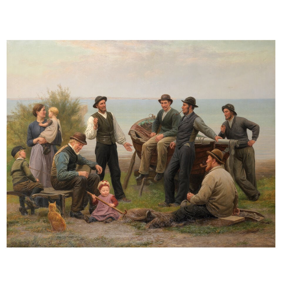 August Heinrich Georg Schiott (Danish, 1823-1895) Fisherfolk beside a boat by the shore: August Heinrich Georg Schiott (Danish, 1823-1895) Fisherfolk beside a boat by the shore signed, indistinctly inscribed and dated 'A.Schiott --- 1888' (lower left) oil on canvas 89 x 115cm (35 x 45 1/4