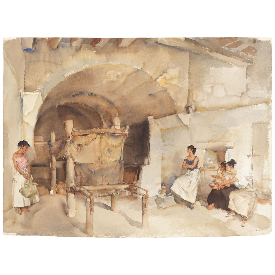 Sir William Russell Flint, RA, PRWS (British, 1880-1969) Three against one mounted but unframed: Sir William Russell Flint, RA, PRWS (British, 1880-1969) Three against one signed 'W. RUSSELL FLINT' (lower right), inscribed in pencil 'SP 17.3.55' (lower left); further signed and titled (on fragmen