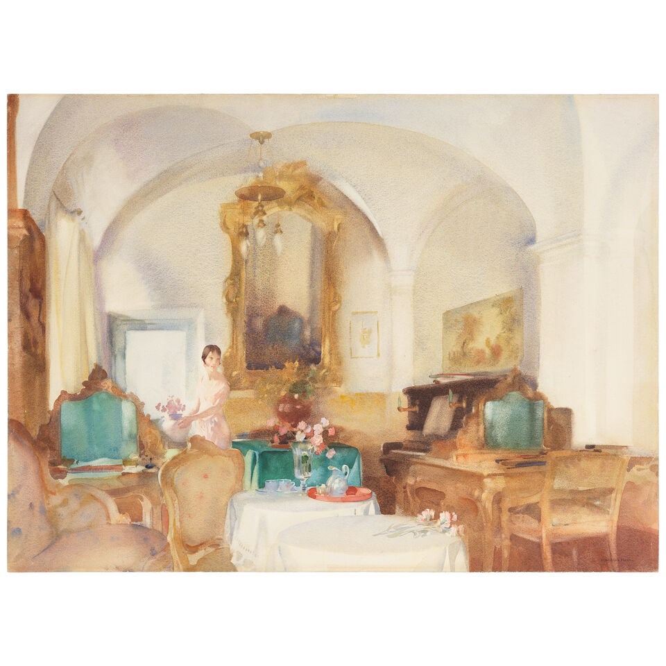 Sir William Russell Flint, RA, PRWS (British, 1880-1969) Young girl in an elegant interior unframed: Sir William Russell Flint, RA, PRWS (British, 1880-1969) Young girl in an elegant interior signed 'W. RUSSELL FLINT' (lower right) watercolour 50.5 x 68.5cm (19 7/8 x 26 15/16in). unframed Footnotes: 