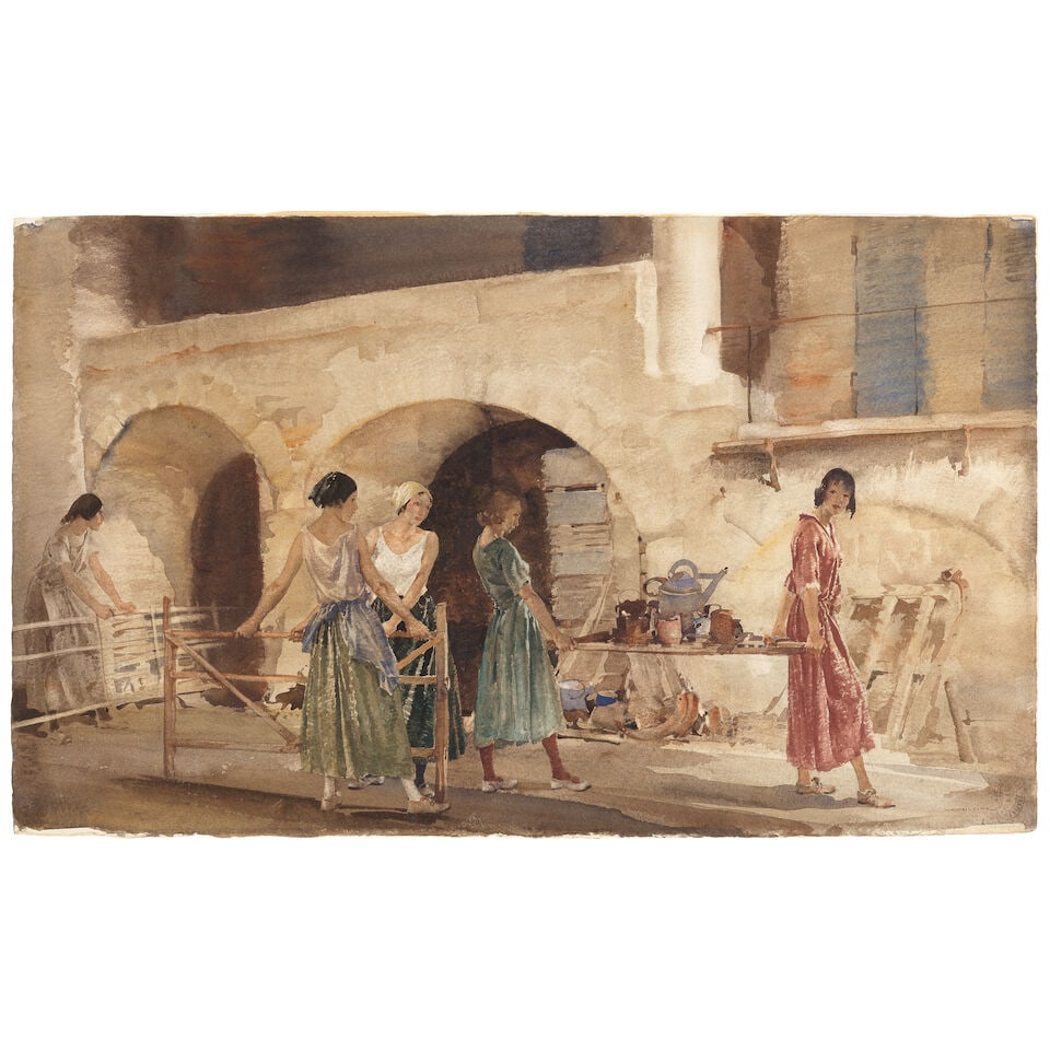 Sir William Russell Flint, RA, PRWS (British, 1880-1969) Tidying-up at a Provencal farm mounted ...: Sir William Russell Flint, RA, PRWS (British, 1880-1969) Tidying-up at a Provencal farm signed 'W. RUSSELL FLINT' (lower right); titled 'Tidying up at a Provencal Farm' (on the reverse); further