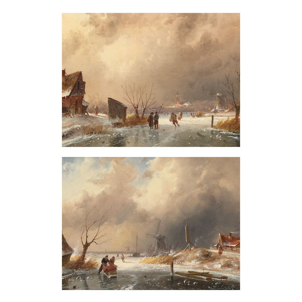 Charles Henri Joseph Leickert (Dutch, 1816-1907) Winter landscapes with figures skating on a fro...: Charles Henri Joseph Leickert (Dutch, 1816-1907) Winter landscapes with figures skating on a frozen river a pair, both signed 'Ch Leickert' (lower right) oil on panel each 18.5 x 25cm (7 5/16 x 9 13/1