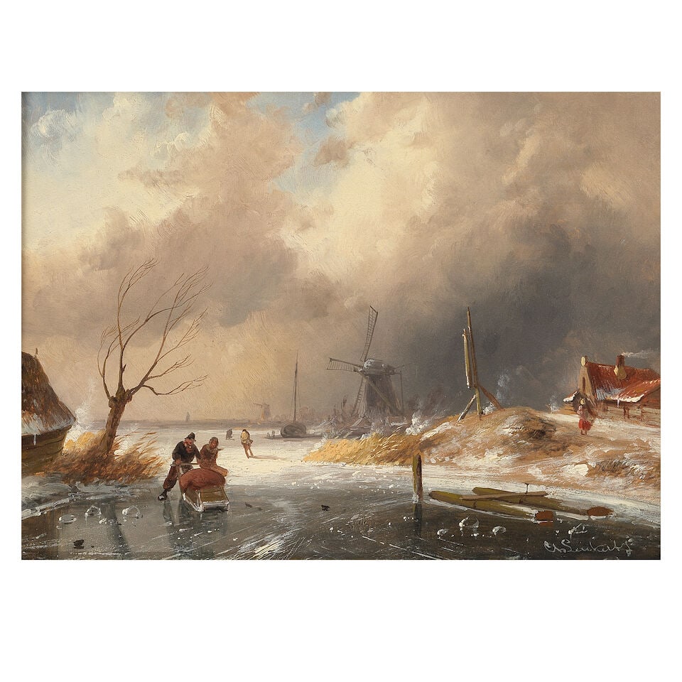 Charles Henri Joseph Leickert (Dutch, 1816-1907) Winter landscapes with figures skating on a fro... - 2