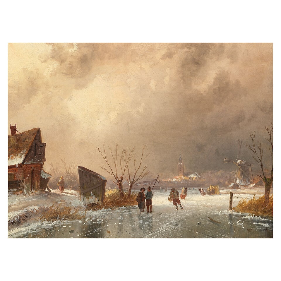 Charles Henri Joseph Leickert (Dutch, 1816-1907) Winter landscapes with figures skating on a fro... - 3