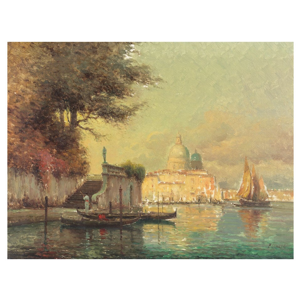 Antoine Bouvard (French, 1870-1956) Gondolas on a canal, Venice: Antoine Bouvard (French, 1870-1956) Gondolas on a canal, Venice signed 'Bouvard' (lower right) oil on canvas 50 x 65cm (19 11/16 x 25 9/16in). Footnotes: Provenance With Cooling Gallery, London. Priva