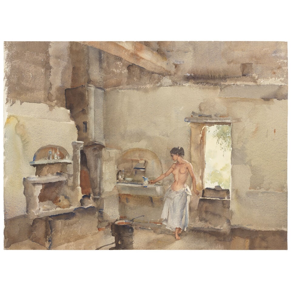 Sir William Russell Flint, RA, PRWS (British, 1880-1969) Lisette's Kitchen, Lucenay mounted but...: Sir William Russell Flint, RA, PRWS (British, 1880-1969) Lisette's kitchen, Lucenay signed 'W. RUSSELL FLINT' (lower right); further signed and titled (on fragment of original backboard) watercolour 3