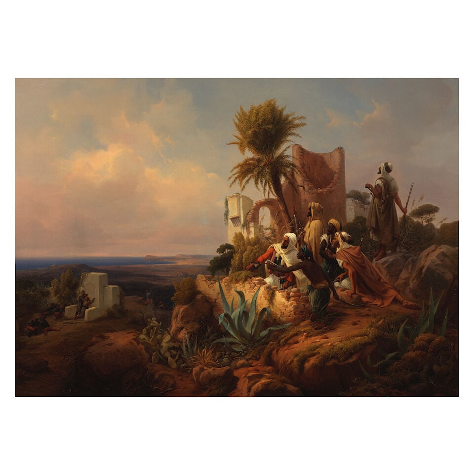 Niels Simonsen (Danish, 1807-1885) Arabs in a hilltop fort: Niels Simonsen (Danish, 1807-1885) Arabs in a hilltop fort signed and inscribed 'NSimonsen/Munchen' (lower left) oil on canvas 60.5 x 84cm (23 13/16 x 33 1/16in). Footnotes: Provenance Anon. sale, Sot