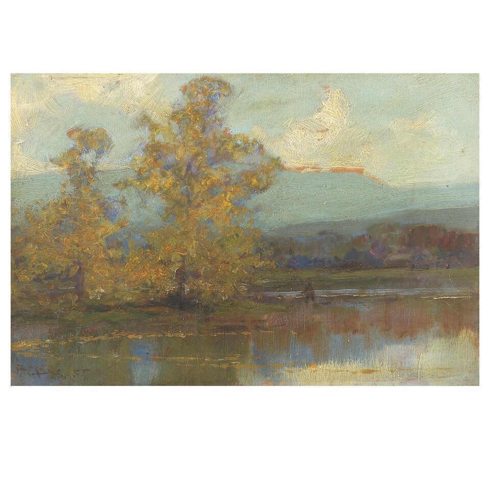 Sir Alfred East, RA, RI, PRBA (British, 1849-1913) Fishing in the late afternoon (1 of 3)