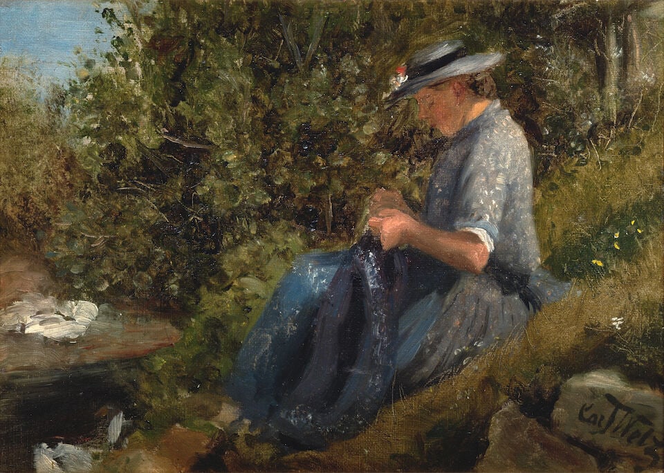 Carl Welz (German, 1860-1929) Lady on the riverbank: Carl Welz (German, 1860-1929) Lady on the riverbank signed 'Carl Welz' (lower right) oil on canvas, laid to board 27 x 35cm (10 5/8 x 13 3/4in). For further information on this lot please visit