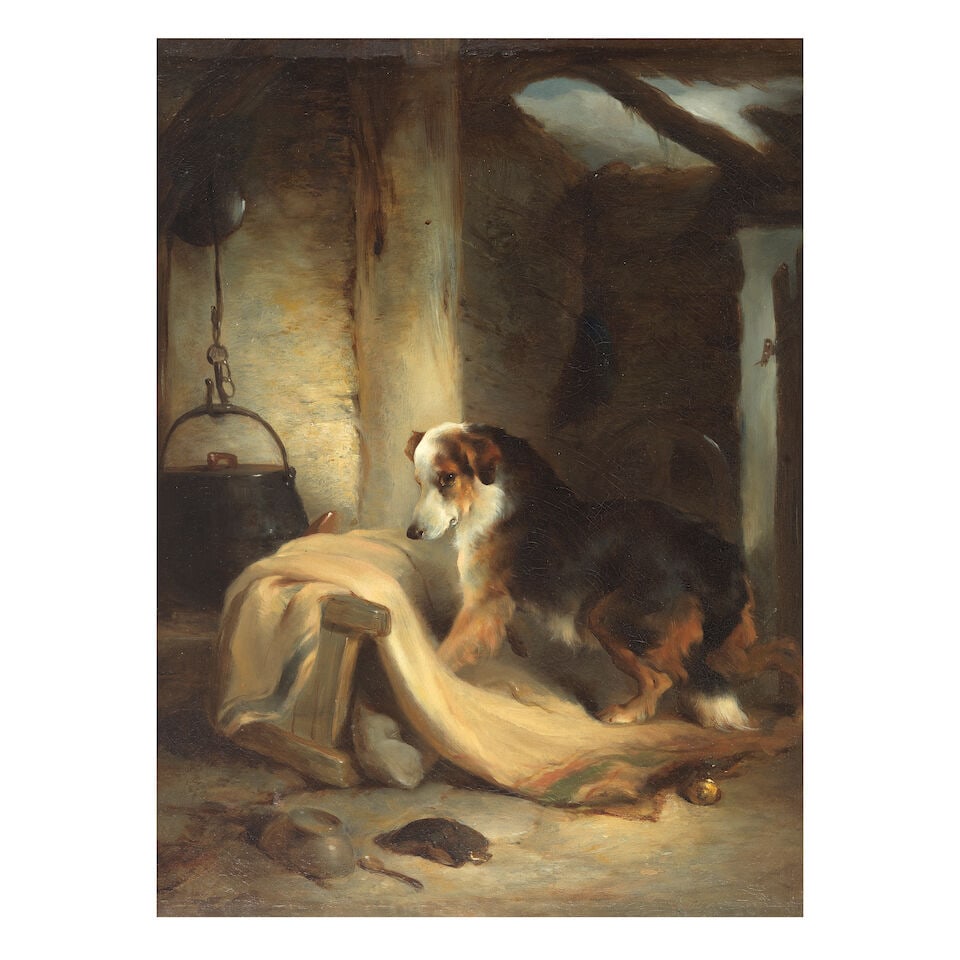Attributed to Edwin Douglas (British, 1848-1914) The guilty collie: Attributed to Edwin Douglas (British, 1848-1914) The guilty collie oil on canvas 62 x 46cm (24 7/16 x 18 1/8in). Footnotes: Provenance With Simon Carter Gallery, Woodbridge. Private collection, UK. Fo