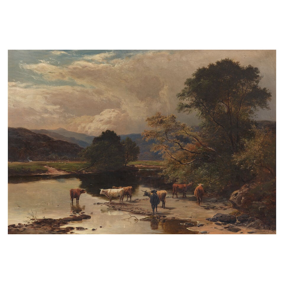 Sidney Richard Percy (British, 1821-1886) Cattle at a ford on the East Lyn, North Devon: Sidney Richard Percy (British, 1821-1886) Cattle at a ford on the East Lyn, North Devon signed and dated 'S.R.Percy 1883' (lower right) oil on canvas 46 x 67cm (18 1/8 x 26 3/8in). For further informa