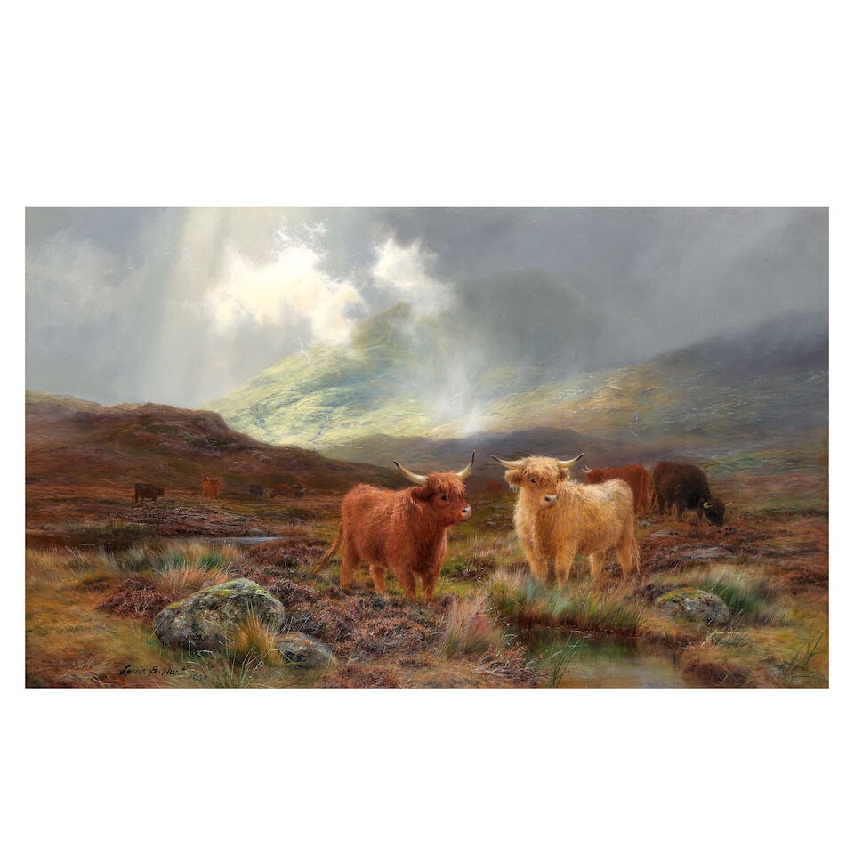 Louis Bosworth Hurt (British, 1856-1929) Highland cattle: Louis Bosworth Hurt (British, 1856-1929) Highland cattle signed and dated 'Louis.B.Hurt' (lower right) oil on canvas 60 x 101cm (23 5/8 x 39 3/4in). Footnotes: Provenance Private collection, UK. For f