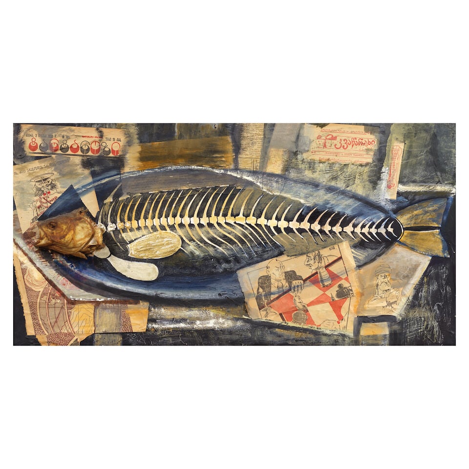 Avtandil Varazi (Georgian, 1926-1977) Still life with fish on a plate: Avtandil Varazi (Georgian, 1926-1977) Still life with fish on a plate signed in Georgian and dated '1975' (on the reverse) mixed media 44 x 88cm (17 5/16 x 34 5/8in). This lot is subject to the follow