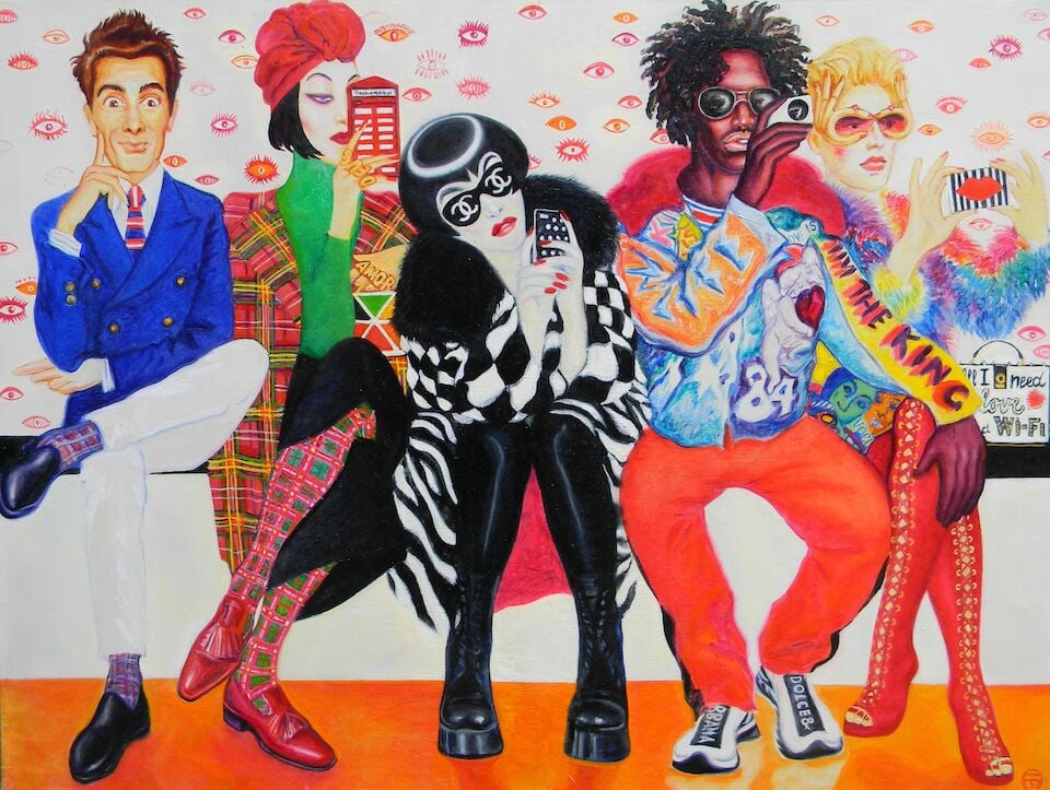 Elvira Pyrkova (Russian/British, born 1970) Paris Fashion Week. Fashion Mingling. unframed: Elvira Pyrkova (Russian/British, born 1970) Paris Fashion Week. Fashion Mingling. signed with monogram (lower right); further signed, titled and dated '2017' (on the reverse) oil on canvas 101 x 76cm 