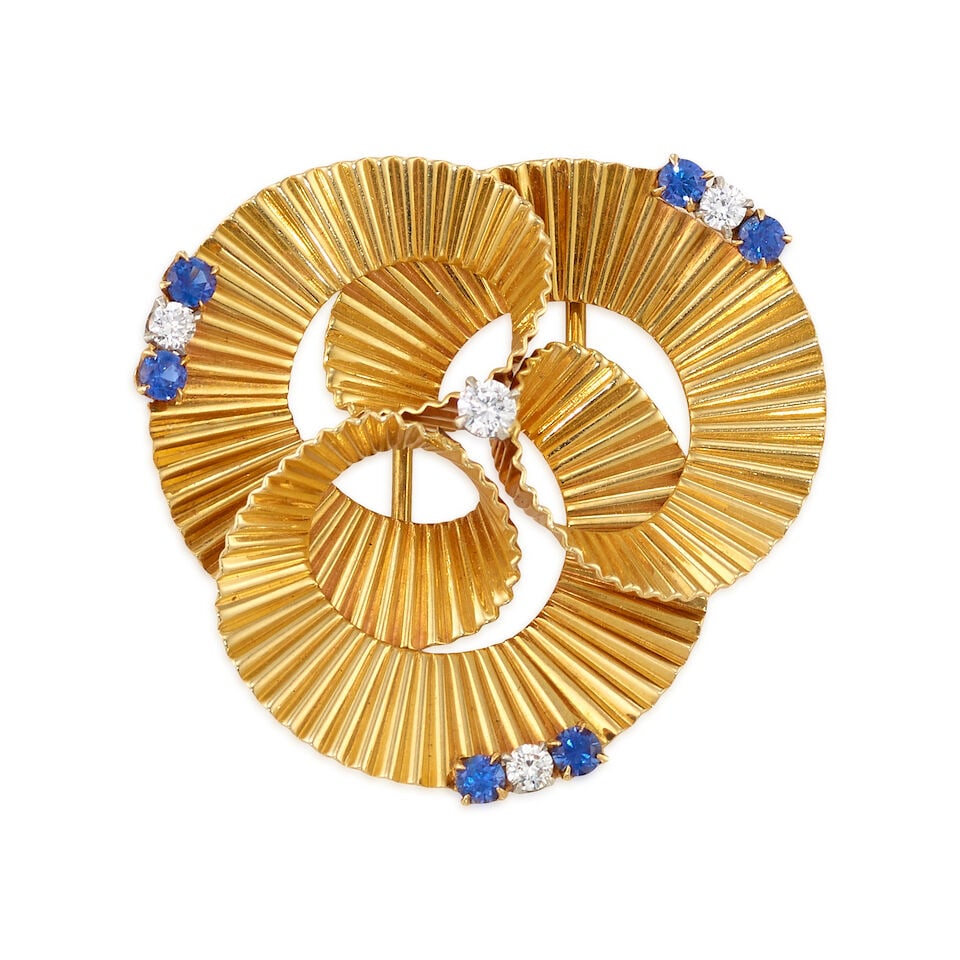 RAYMOND YARD: 14K GOLD, SAPPHIRE, AND DIAMOND BROOCH (1 of 3)