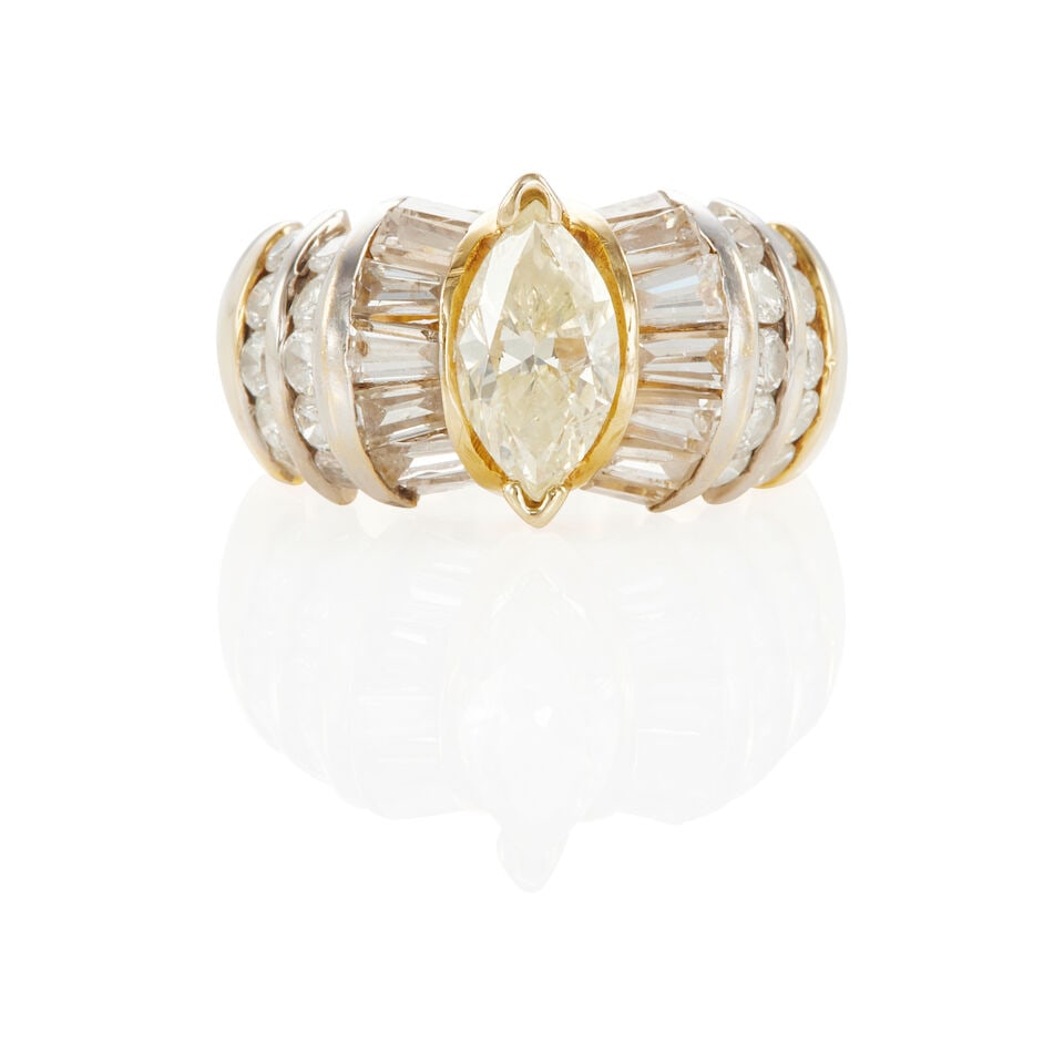 14K BICOLOR GOLD AND DIAMOND RING: 14K BICOLOR GOLD AND DIAMOND RING • 14k yellow and white gold • Numerous round and tapered baguette diamonds weighing approximately 1.50 - 1.60 carat total • 1 marquise diamond