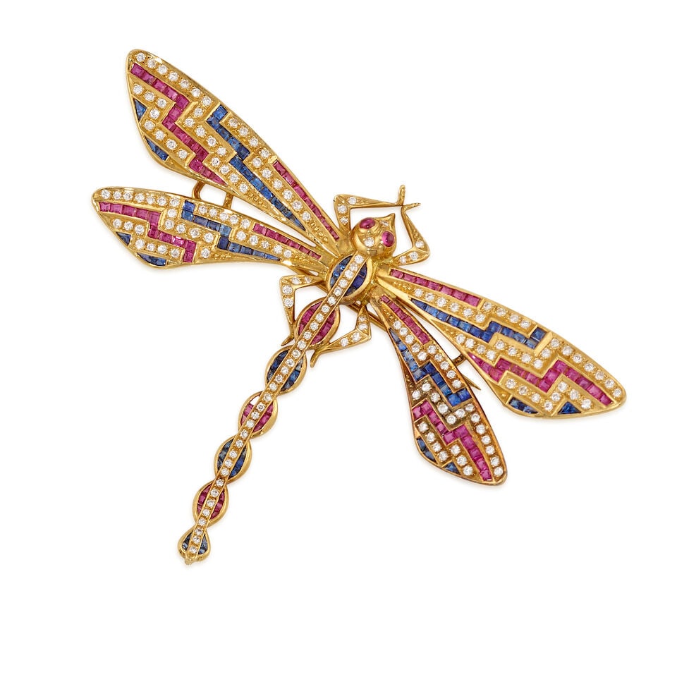 18K GOLD, DIAMOND, AND MULTIGEM DRAGONFLY BROOCH: 18K GOLD, DIAMOND, AND MULTIGEM DRAGONFLY BROOCH • 18K yellow gold • Numerous square shaped rubies weighing approximately 1.60 carat total • Numerous square shaped sapphires weighing