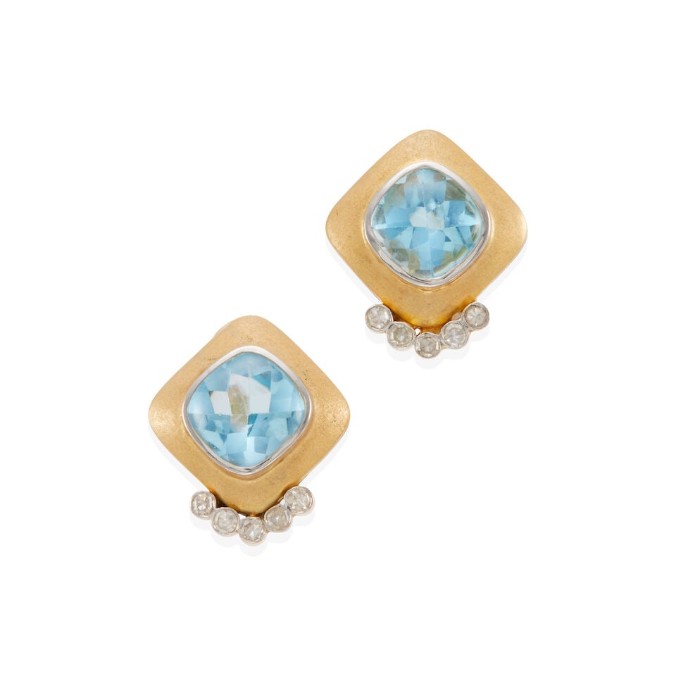 PAIR OF 14K GOLD, DIAMOND AND TOPAZ EARRINGS: PAIR OF 14K GOLD, DIAMOND AND TOPAZ EARRINGS • 14k white and yellow gold • 10 round diamonds weighing approximately 0.15 - 0.25 carat total • 2 near square topaz weighing