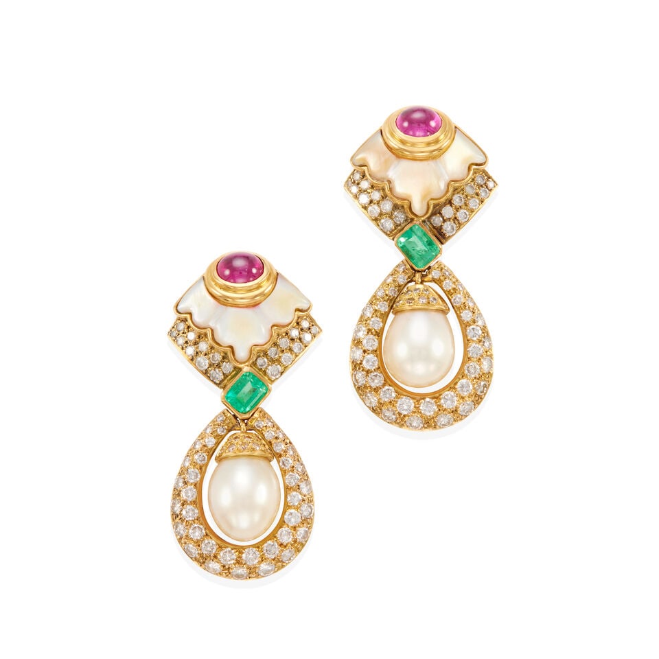 PAIR OF GOLD, DIAMOND AND GEM-SET EARRINGS: PAIR OF GOLD, DIAMOND AND GEM-SET EARRINGS • 16k yellow gold, 12k gold ear clip • Numerous round diamonds weighing approximately 3.00 - 3.10 carats total • 2 cultured pearl drops