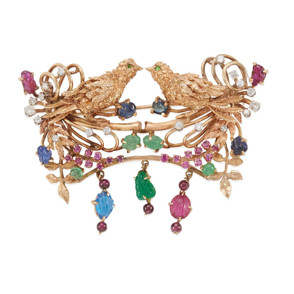 12K GOLD, DIAMOND AND GEM-SET BROOCH: 12K GOLD, DIAMOND AND GEM-SET BROOCH • 12k yellow gold • Numerous round diamonds weighing approximately 1.25 - 1.35 carat total • Numerous faceted and carved rubies, emeralds and sap