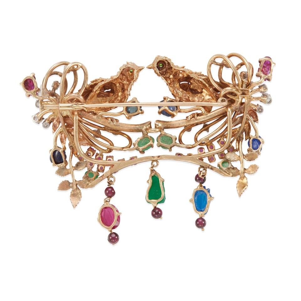 12K GOLD, DIAMOND AND GEM-SET BROOCH - 2