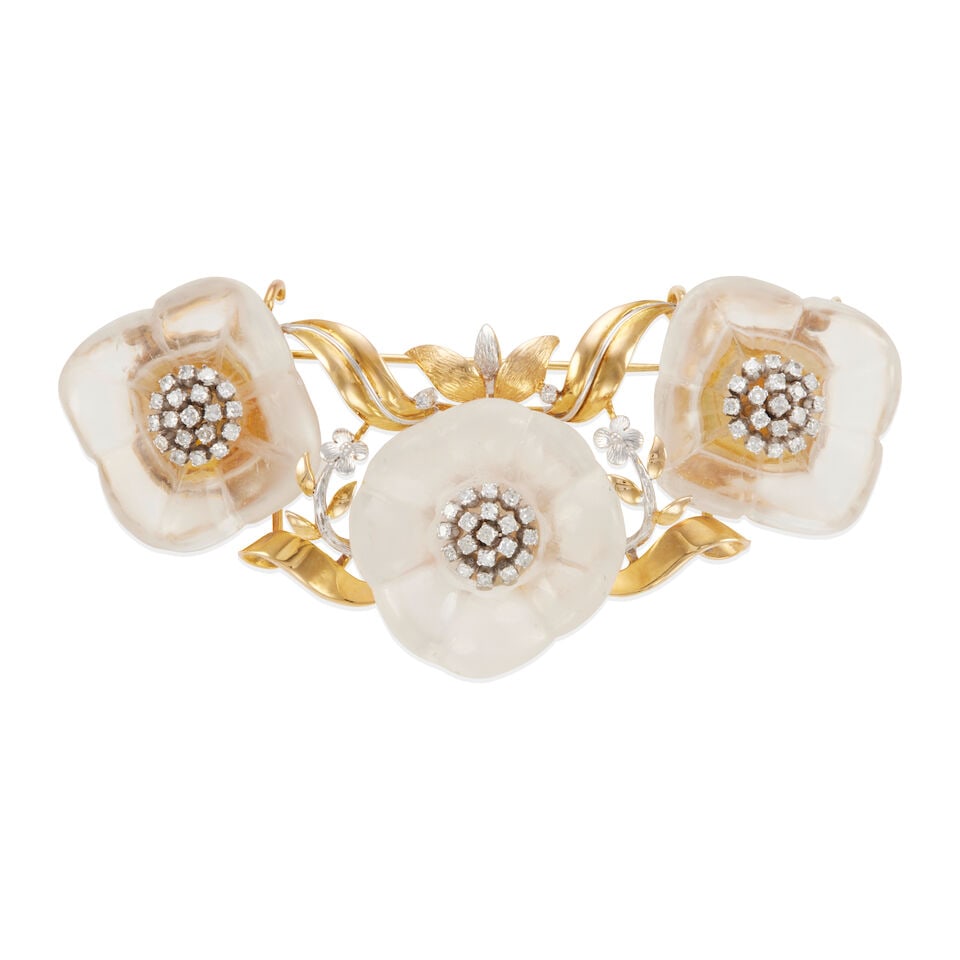 14K BICOLOR GOLD, DIAMOND AND QUARTZ BROOCH: 14K BICOLOR GOLD, DIAMOND AND QUARTZ BROOCH • 14k yellow and white gold • Numerous round diamonds weighing approximately 1.05 - 1.15 carat total • 3 carved flower quartz •