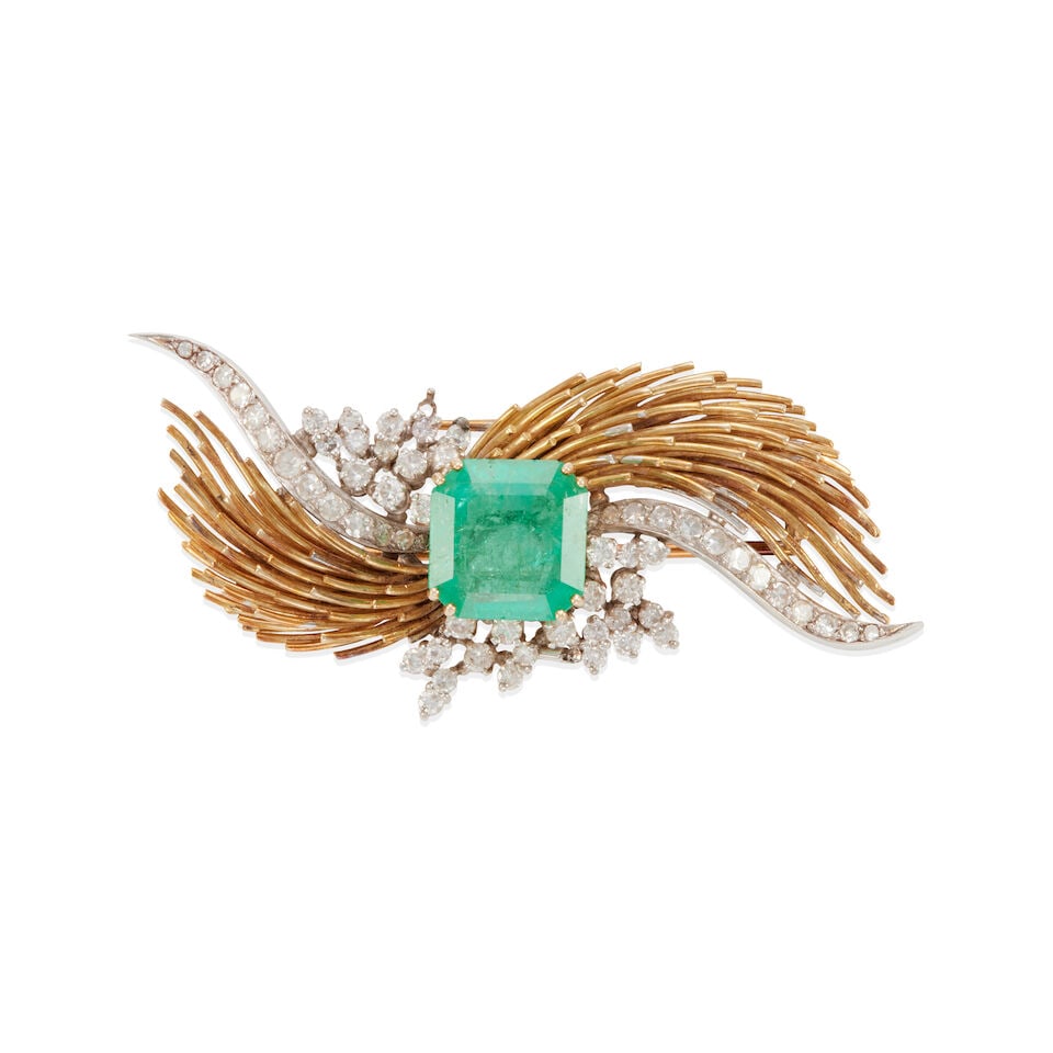 14K BICOLOR GOLD, DIAMOND AND EMERALD BROOCH (1 of 2)