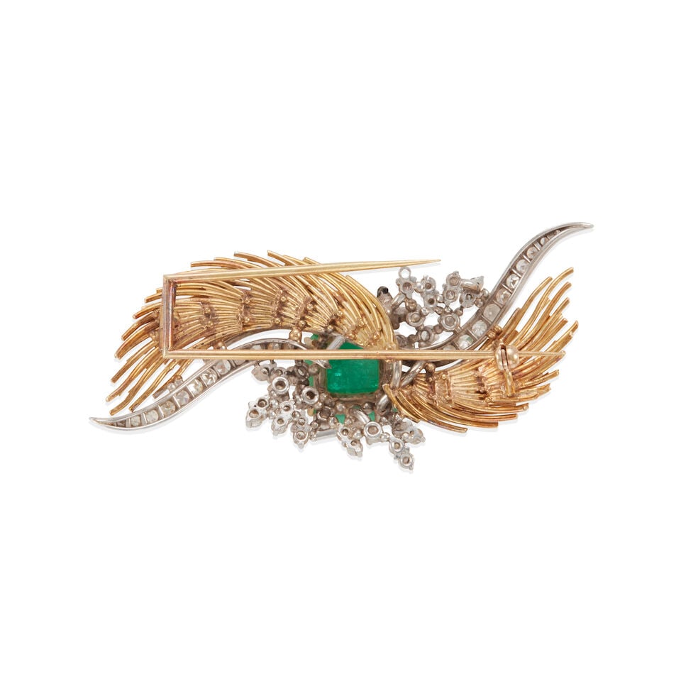 14K BICOLOR GOLD, DIAMOND AND EMERALD BROOCH - 2