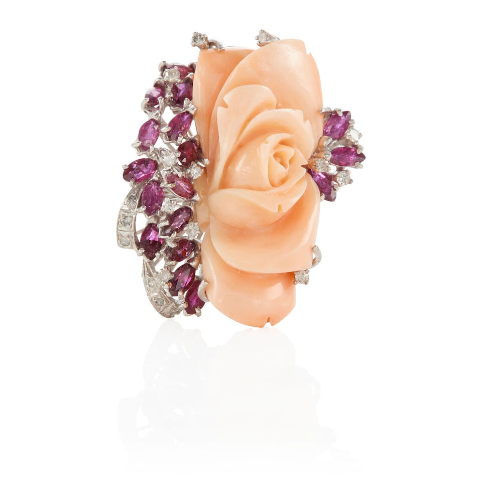 DIAMOND, CORAL AND RUBY RING (1 of 2)