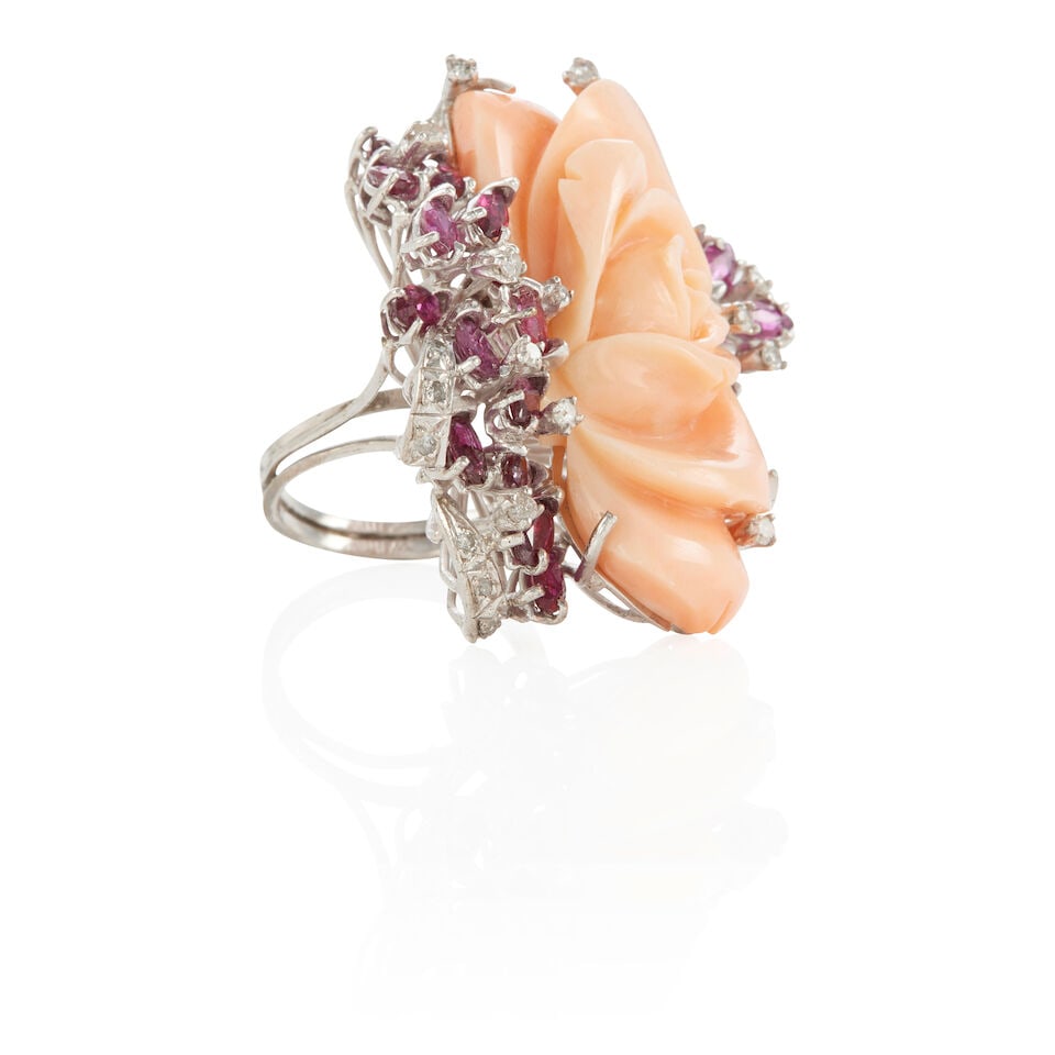 DIAMOND, CORAL AND RUBY RING - 2