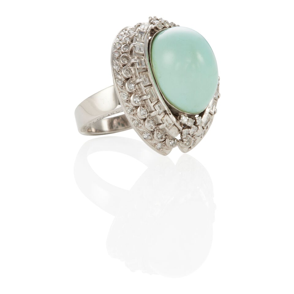 SILVER, DIAMOND AND TURQUOISE RING - 2