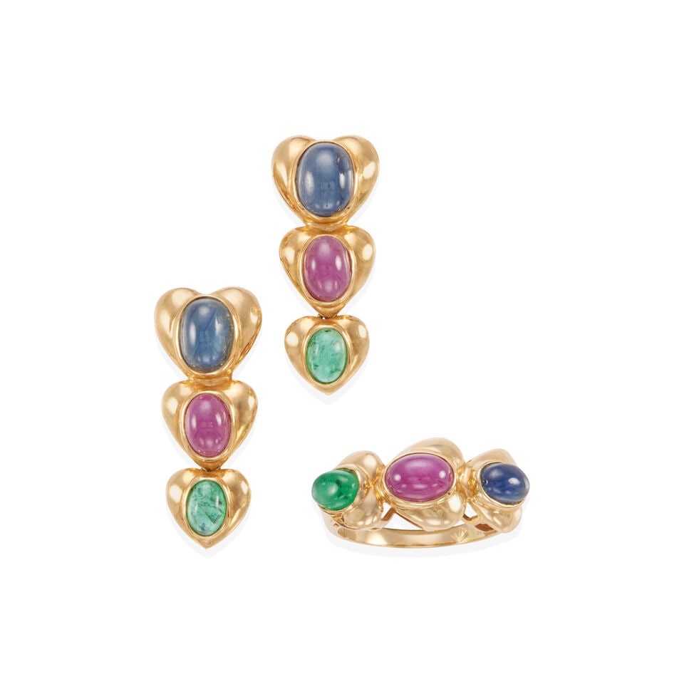 14K GOLD, RUBY, EMERALD AND SAPPHIRE SET: 14K GOLD, RUBY, EMERALD AND SAPPHIRE SET • 14k yellow gold • One 14K yellow gold ring with 3 cabochon gemstones measuring approximately 6.34mm to 7.32mm, size 7, with maker's mark •