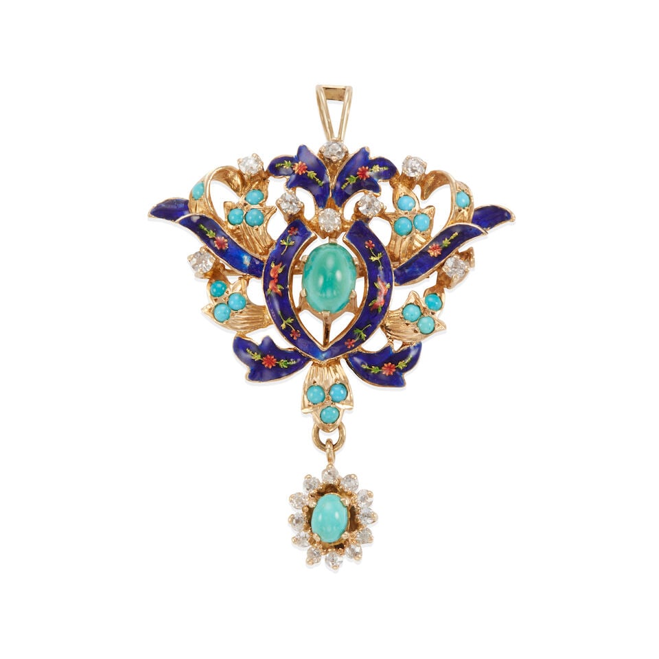 14K GOLD, DIAMOND, TURQUOISE AND ENAMEL BROOCH/PENDANT: 14K GOLD, DIAMOND, TURQUOISE AND ENAMEL BROOCH/PENDANT • 18k yellow gold • Numerous single cut and old mine cut diamonds weighing approximately 1.05 - 1.15 carat total • Numerous rou