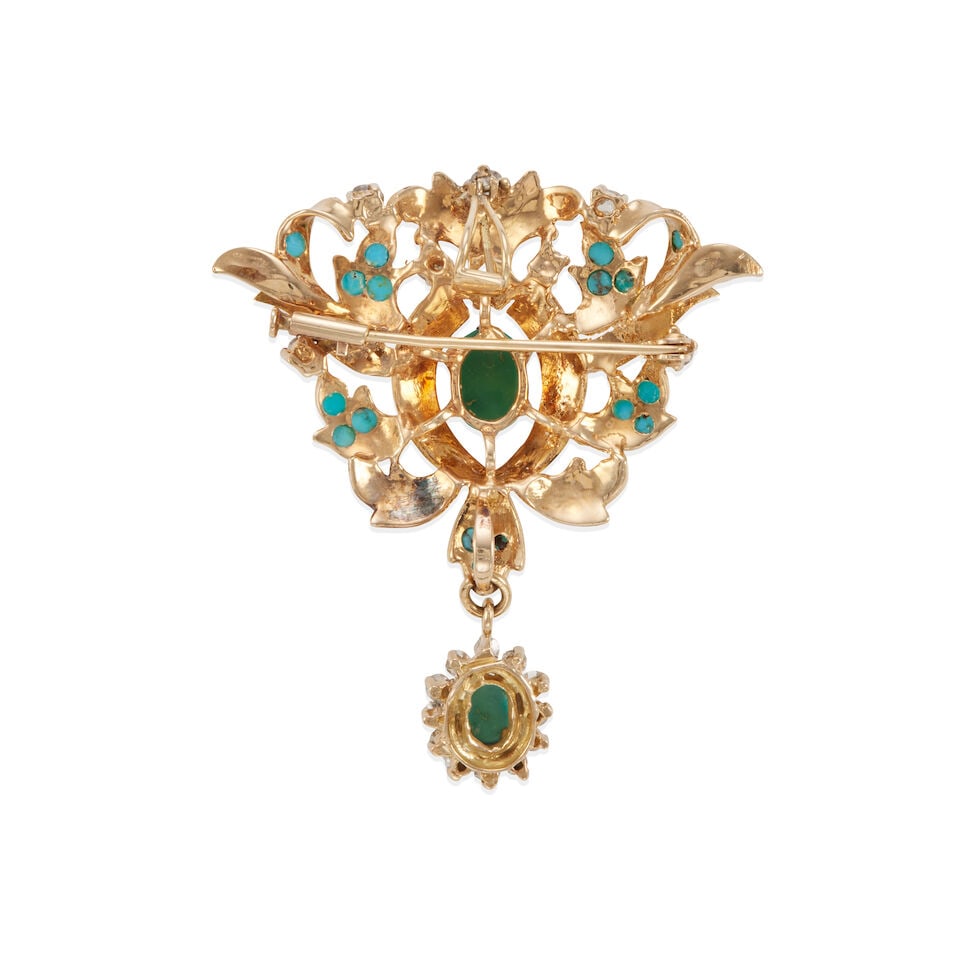 14K GOLD, DIAMOND, TURQUOISE AND ENAMEL BROOCH/PENDANT - 2
