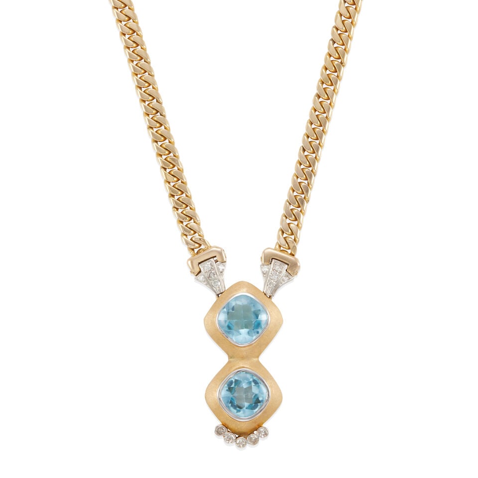 GOLD, DIAMOND AND TOPAZ NECKLACE: GOLD, DIAMOND AND TOPAZ NECKLACE • 14k white and yellow gold pendant, 12k yellow gold chain • 15 round diamonds weighing approximately 0.20 - 0.30 carat total • 2 near square topaz