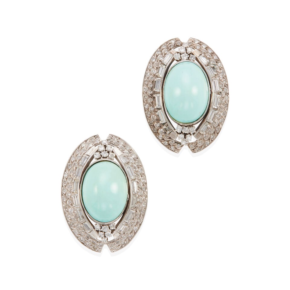 PAIR OF SILVER, DIAMOND AND TURQUOISE EARRINGS: PAIR OF SILVER, DIAMOND AND TURQUOISE EARRINGS • Silver • Numerous round and baguette diamonds weighing approximately 2.20 - 2.30 carats total • 2 oval turquoise cabochons measuring