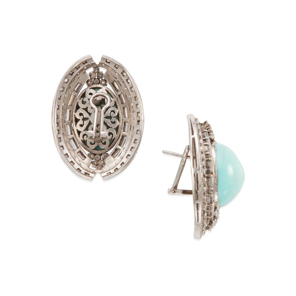 PAIR OF SILVER, DIAMOND AND TURQUOISE EARRINGS - 2
